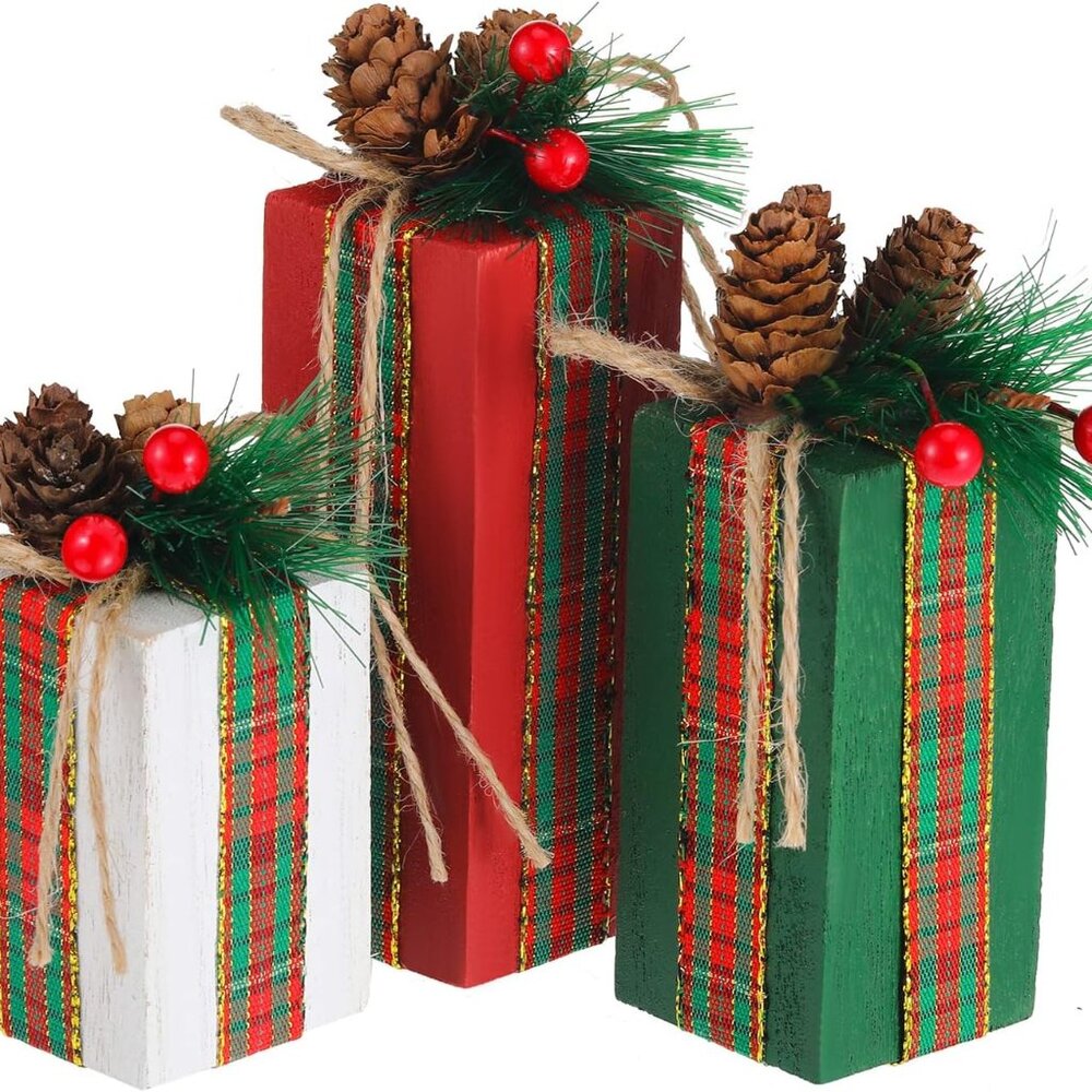 3 Pcs Christmas Table Centerpieces Christmas Table Decor Faux Present Wooden